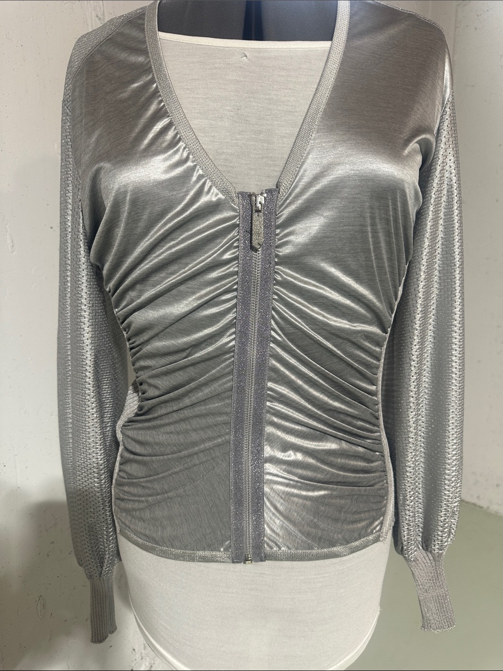 NWT Save the Queen Silver Ruched Zip-Front light zip up made in Italy couture
